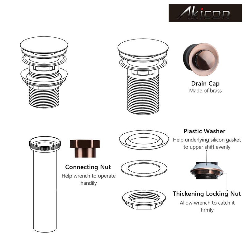 Akicon Copper Push Button Bathroom Sink Drain Stop & Pop up Lavatory Stopper with Overflow Bathroom Basin - Image 5